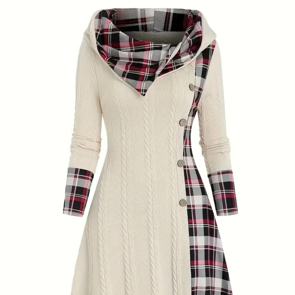 Hooded Sweater Dress with Plaid Print, Long Sleeve Knit